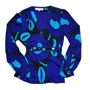 Trina Turk Beautiful Silk Wrap Front Tie Purple/Turquoise Blouse Top Size L